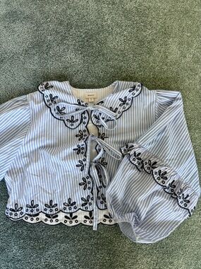 Maeve Light Blue & White Striped Embroidered Tie-Front Top